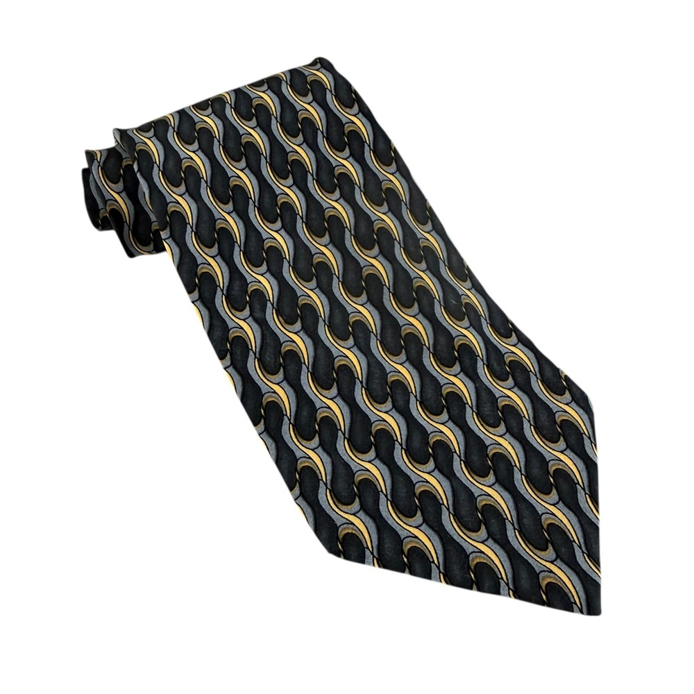 J Garcia Mens Silk Necktie‎ Wavy Geometric Hand Made Black Grey Gold Abstract